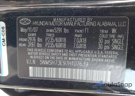2007 Hyundai Santa Fe Limited/Se from USA, damaged, VIN 5NMSH73E97H107639